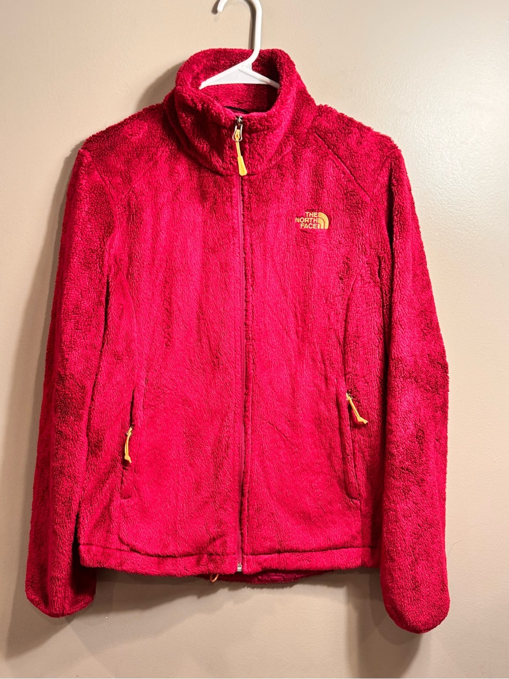 The North Face Women's Bright Red Teddy Fleece Jacket with Yellow Accents